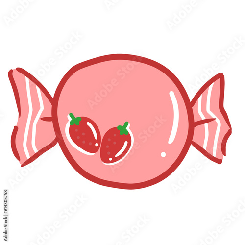 Red candy with strawberry flavor. Hand drawing cartoon.