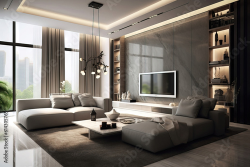 big modern living room with marble walls and a neutral color palette.