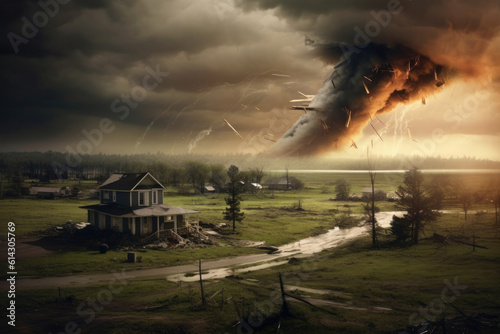 Tornado forming destruction over a populated landscape with a house on it's way