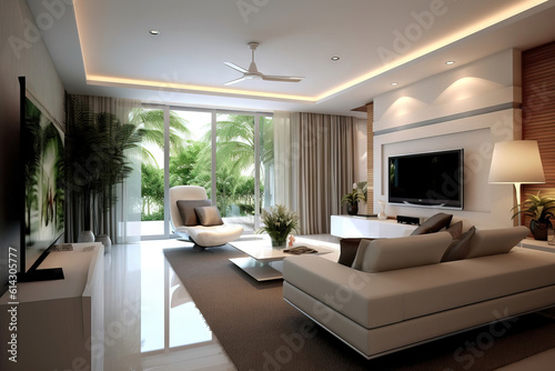 big modern living room with white couches and high ceilings