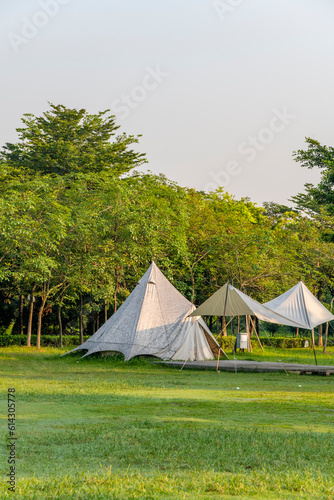 Tents on the Camping Grassland in the Morning Park © zhonghui