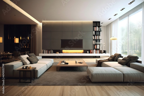 modern living room with tall windows and high ceilings. © QuantumVisions