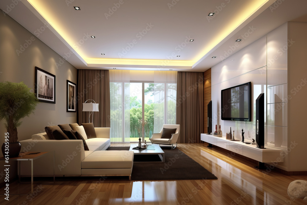 Fototapeta premium modern living room with high ceilings and low furniture