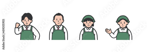 様々な年代のスーパーマーケットの店員男女のイラストセット