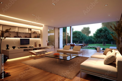 big modern open concept living room with high ceilings and a view to the backyard.