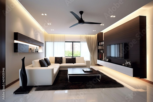 modern living room with a ceilings fan