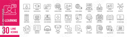 E-learning thin line icons set. E-learning, online education, seminar, distance learning, online course, online videos and audio book. Vector illustration