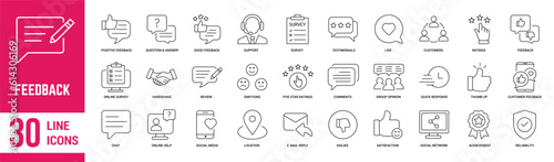 Feedback thin line icons set. Feedback, rating, quick response, like, chat, customer, satisfaction and testimonials icons. Vector illustrations