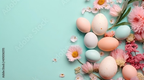 Top View of Happy Easter Day concept design of colorful eggs and flowers on pastel background