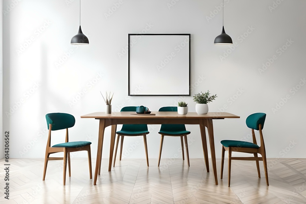 Fototapeta premium Black poster frame mockup in the wall isolated on modern dining room