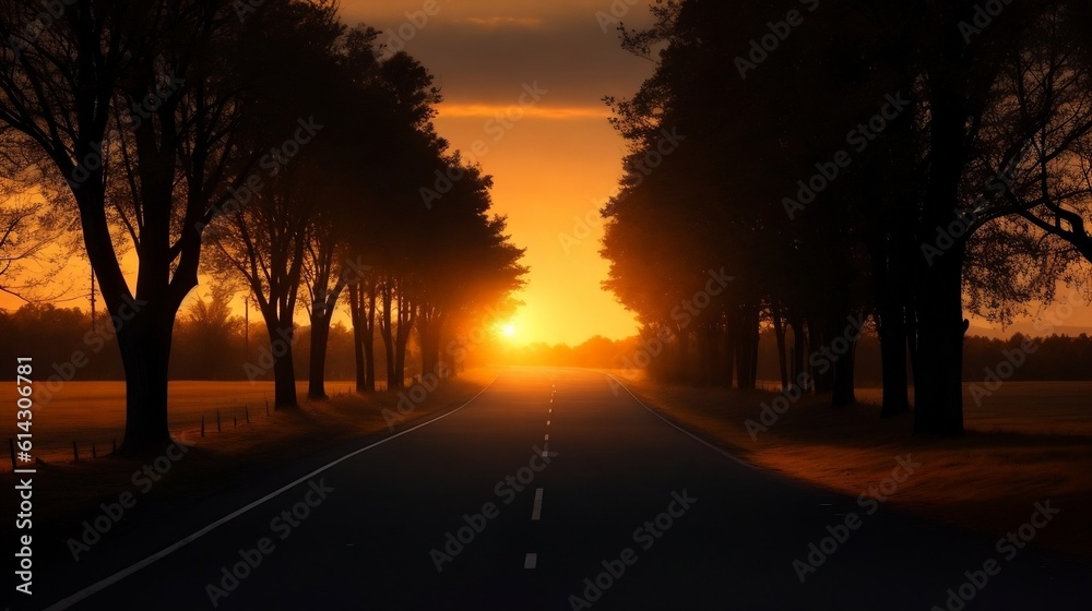 An Empty Road Bathed in the Warm Glow of Sunset, Flanked by Silhouetted Trees