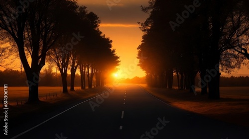 An Empty Road Bathed in the Warm Glow of Sunset  Flanked by Silhouetted Trees