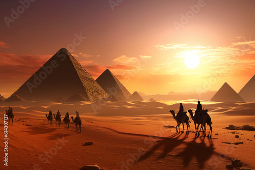 석양의 피라미드와 낙타 사진. 인공지능 생성 © SANGHYUN