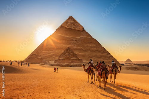 석양의 피라미드와 낙타 사진. 인공지능 생성