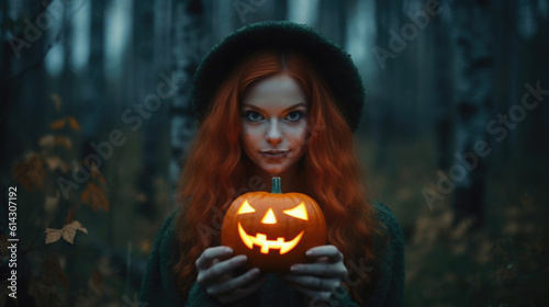 Young beautiful redhead evil woman in spring birch forest in carnival costume. Witch in pointed hat holds pumpkin with scary face in female hands. Fall holiday. Halloween horror party. Generative AI