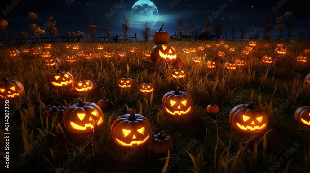 halloween skull, skeleton, jack-o at flower meadow