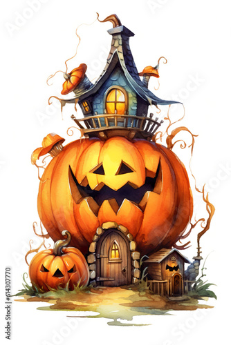 A halloween house with pumpkins in front of it. Generative AI. © tilialucida