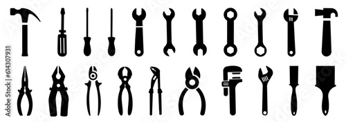 Tools solid icons set. Screwdriver, hammer, wrench, wire cutter, service and repair. Vector illustration