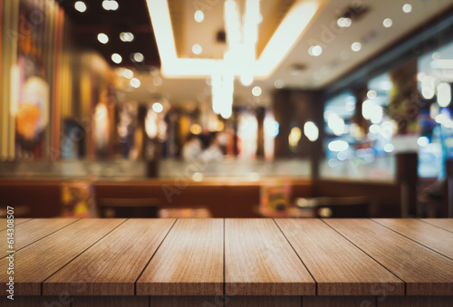 Empty wooden table top with lights bokeh on blur restaurant background.