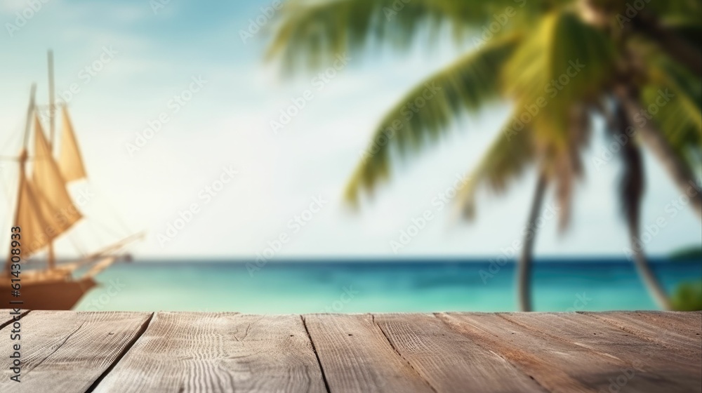 Obraz premium empty wooden table, marmer table blurred beach