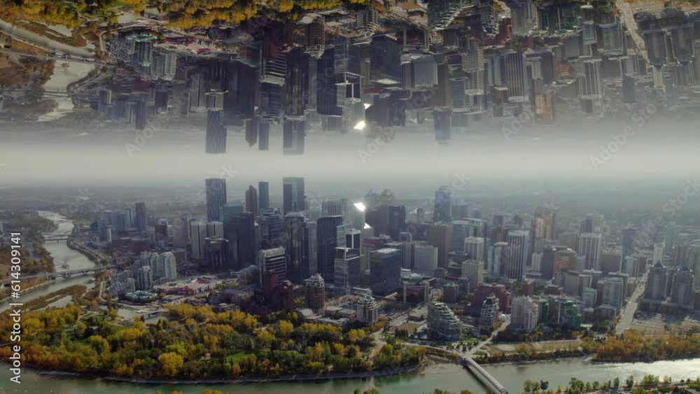 Doubling world effect, modern city skyline with fall foliage - VFX sky replacement