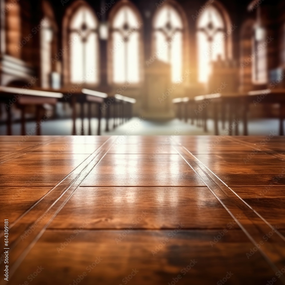 empty wooden table blurred interior of a church empty wooden table blurred interior of a church