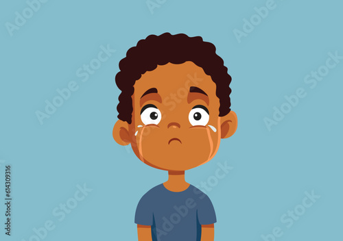 Sad Unhappy Boy of African Ethnicity Feeling Depressed Vector Illustration. Upset child feeling discriminated and victim of prejudice 
