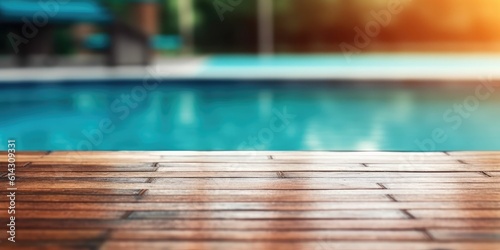 empty wooden table pool water