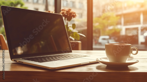 A laptop computer sitting on top of a wooden table. Generative AI. Laptop, portable computer mockup.