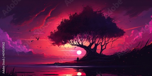 Fantastic orange of the sea at sunset Fantasy in a dream Entering a majestic world Fantastic colors Abstract and ElegantModern illustrationby AI generated. photo