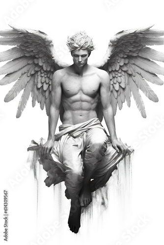 A black and white photo of a male angel. Generative AI.