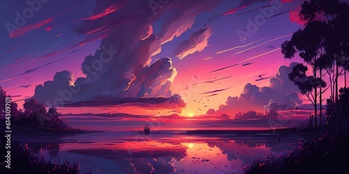 purple distant view and reflection of water in a dream yearning for grandeur fantasy in a dream majestic space in a dream fantastic colors abstract and ElegantModern illustrationby AI generated. photo