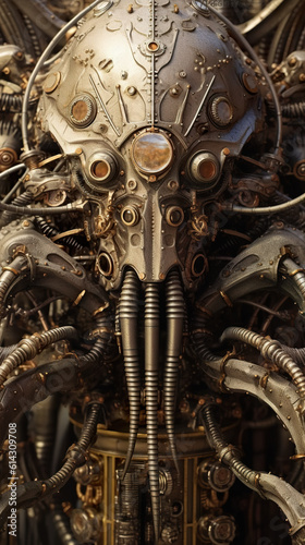 A metal sculpture of a giant octopus made out of metal parts. Generative AI.