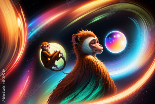 Two monkeys floating in the universe