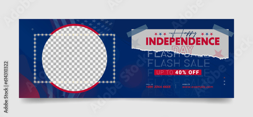 independence day flash sale, web ad, social media banner template with photo place. blue background star and paper torn design 