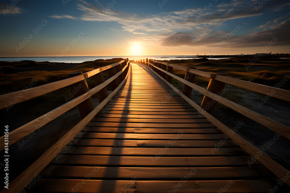 wooden  bridge at sunset on the beach 