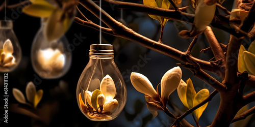 Light bulbs and houseplants, environment theme, generative AI