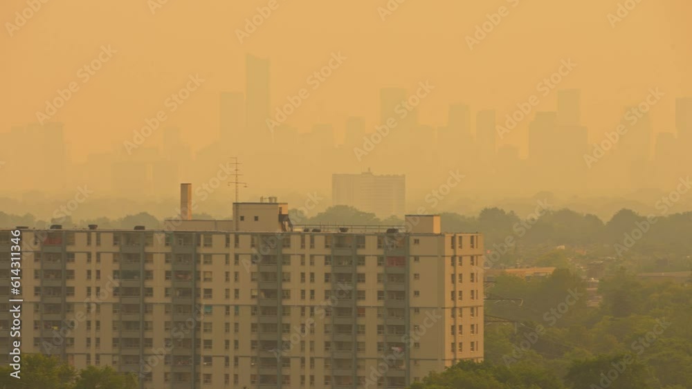 Smoke from Alberta and British Columbia burning wildfires creates hazy air and sun. Fire and