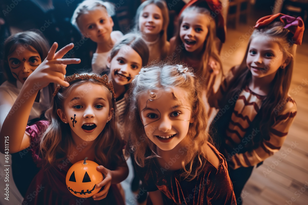 A group of children dressed up in halloween costumes. Generative AI. A group of children dressed up in halloween costumes. Generative AI.
