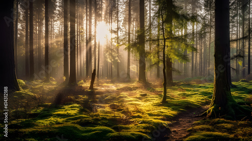 sun rays in the green forest