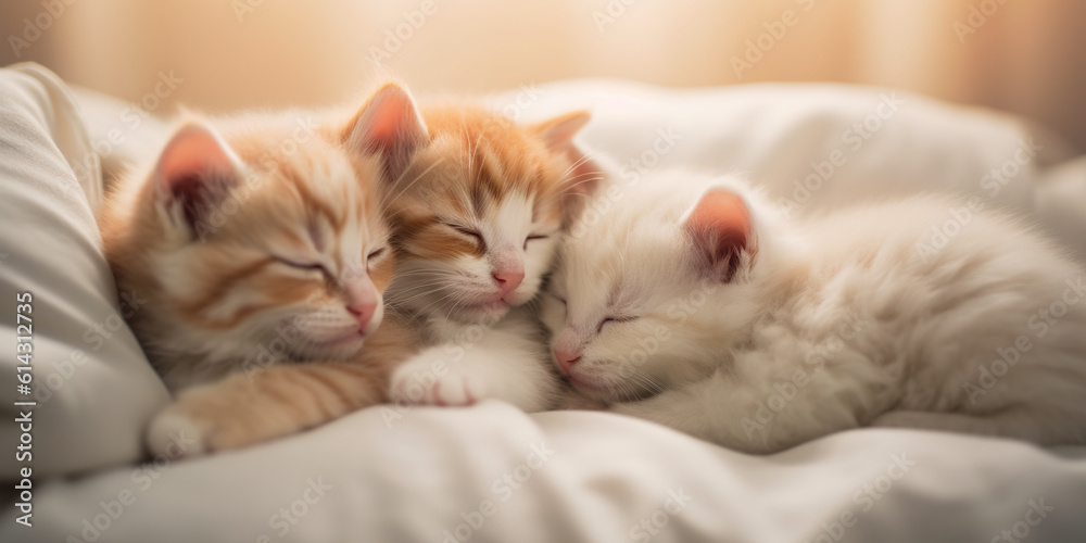 Three kittens are sleeping on a bed together. Generative AI.