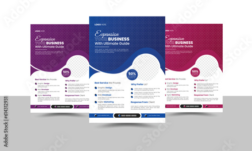Creative business flyer template design set with pink, blue, and violet colors variation. organic shape modern creative unique idea cover brochure a4 size half page flyer background for company	

