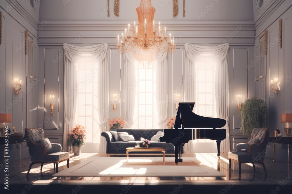 Luxurious living room with a grand piano, chandeliers, and marble ...