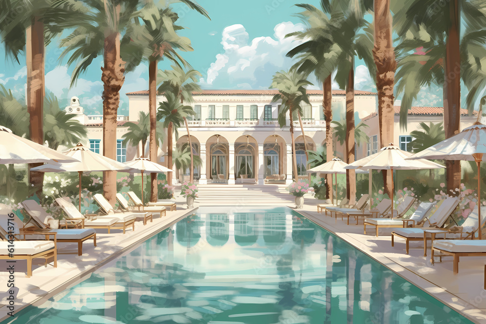Luxurious Poolside Oasis: Elegance and Relaxation in a Dreamy Illustration