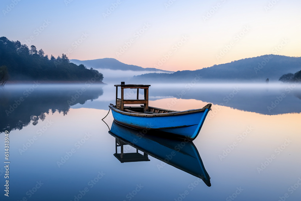 잔잔한 호수 위 작은 보트, 풍경사진, 인공지능 생성
