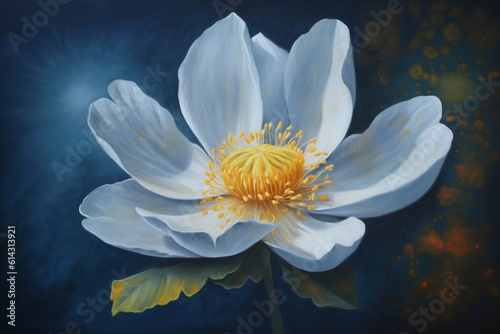 a painting of a large flower on a dark background with a blue background and a gold flower on the center of the flower is a bud, Generative AI