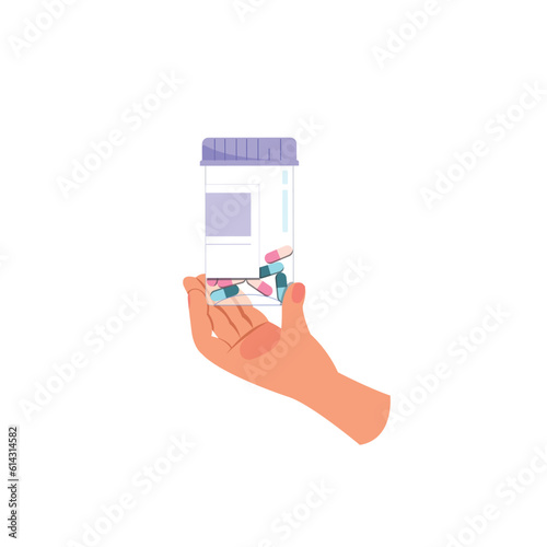 Hand holding medicine pills bottle, Health care and medical cure, illness treatment symbol.
