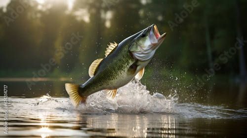 Largemouth Bass Jumping With Lure, Generative AI photo
