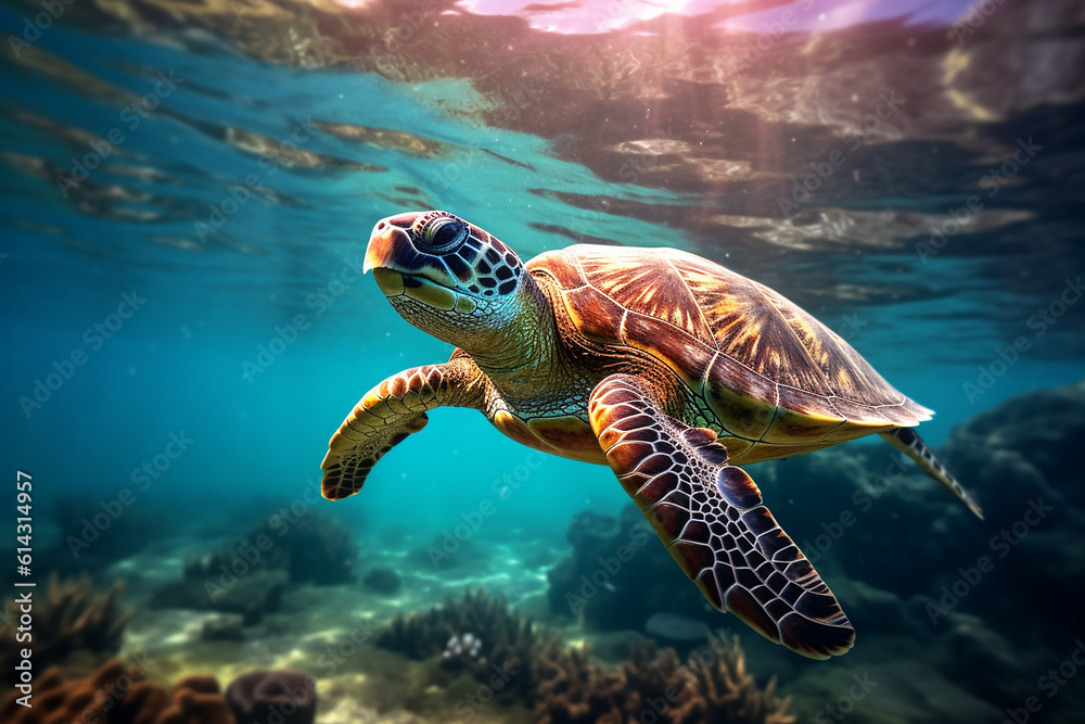 Fototapeta premium sea turtle swimming in sea water. Generative AI