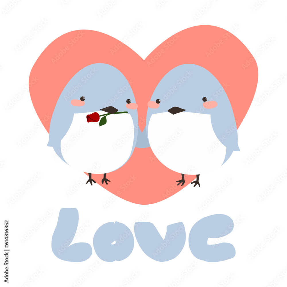 Vector illustration of cute lovebirds in heart, light blue and coral, white background Vector illustration of cute lovebirds in heart, light blue and coral, white background